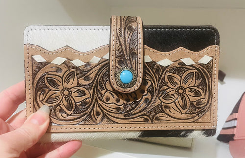 Tooled Leather + Cowhide Wallet